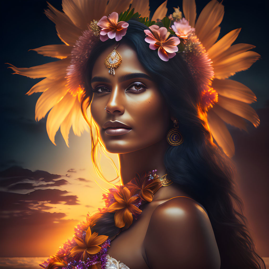 Woman adorned with feathered headdress and flowers under sunset sky