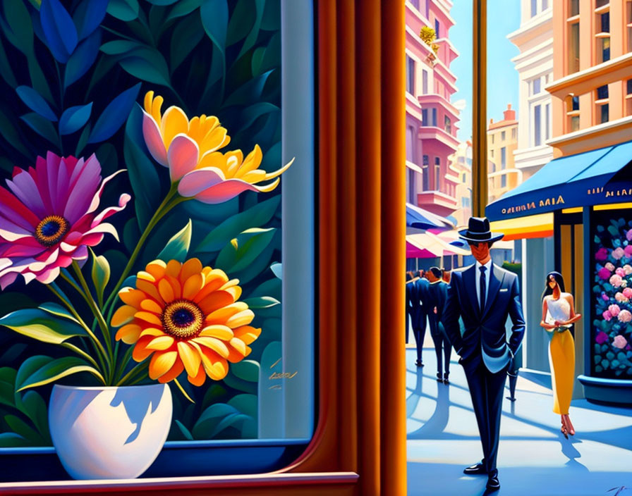 Colorful illustration: man in suit and hat by floral shop, woman in yellow dress.