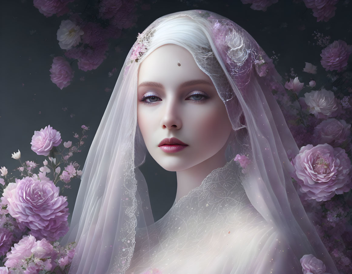 Serene woman with alabaster skin and purple eyeshadow among pink roses