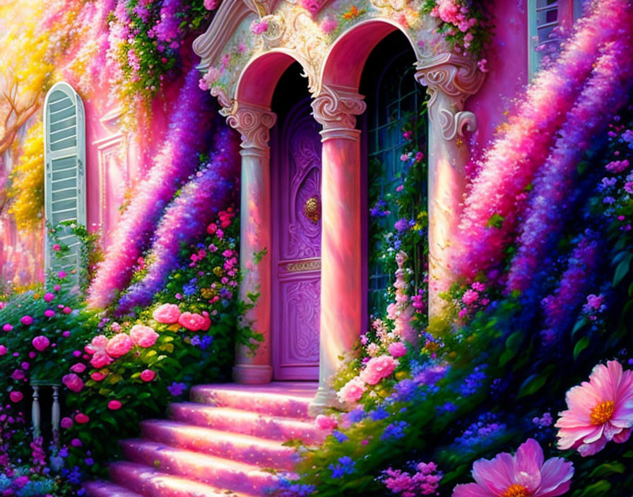 Colorful Painting of Enchanting Garden Pathway with Pink Door