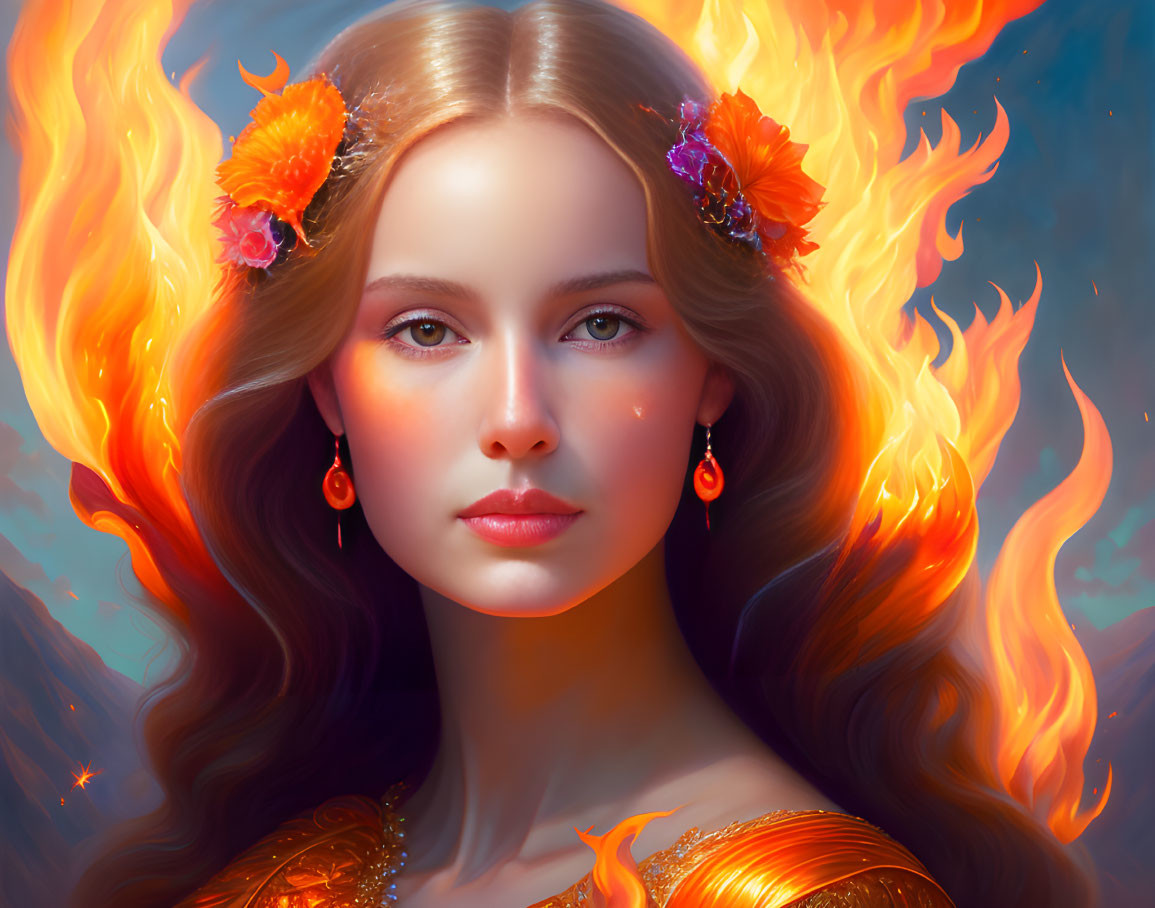 Digital Artwork: Woman with flowing hair, fiery elements, and floral adornments.