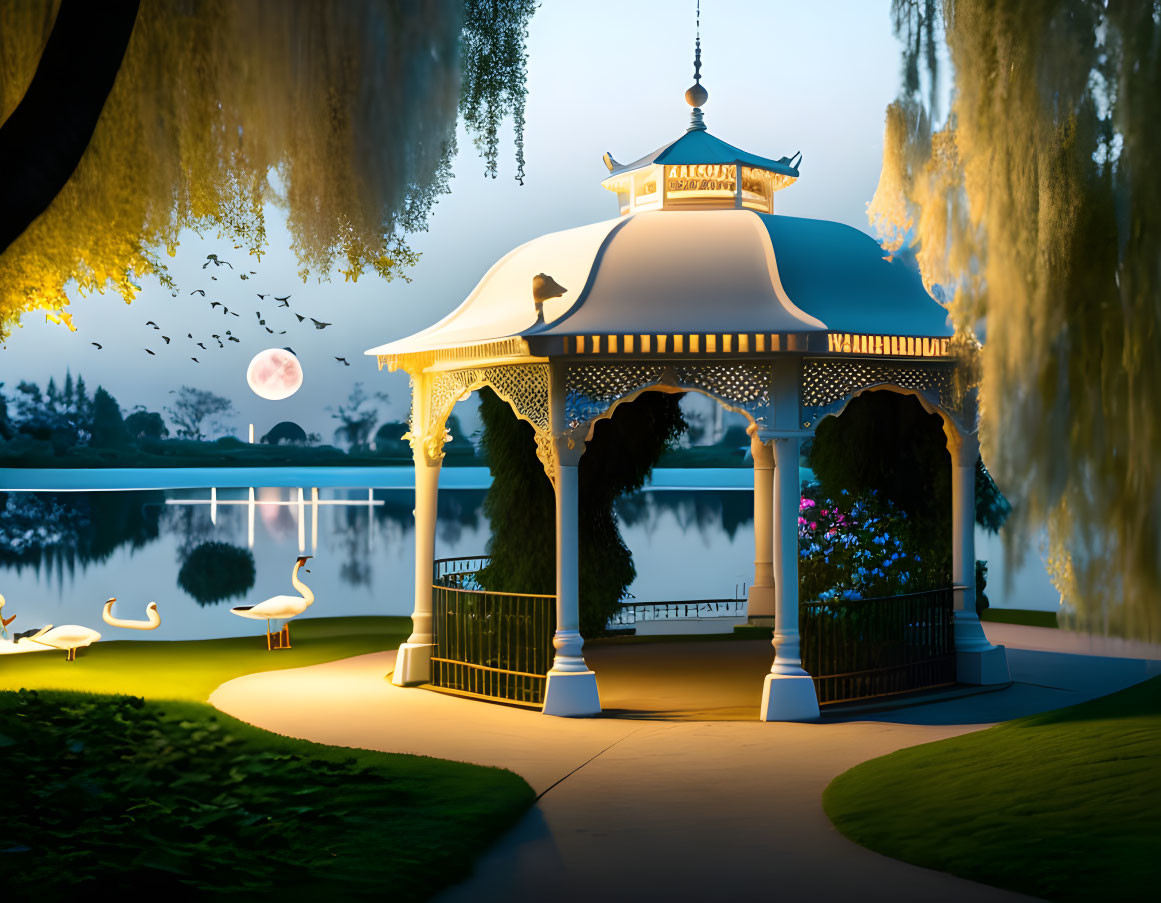 Twilight scene: Ornate gazebo, serene lake, swans, full moon.