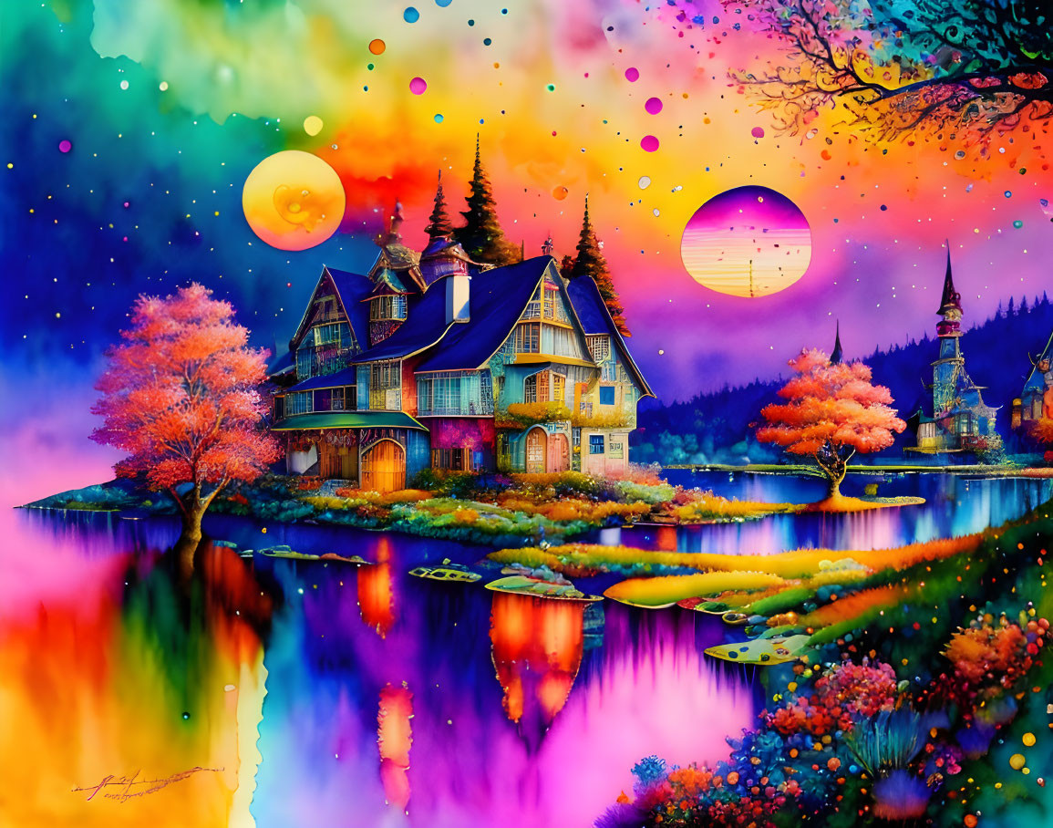 Colorful Whimsical Landscape with Fantastical House by Lake