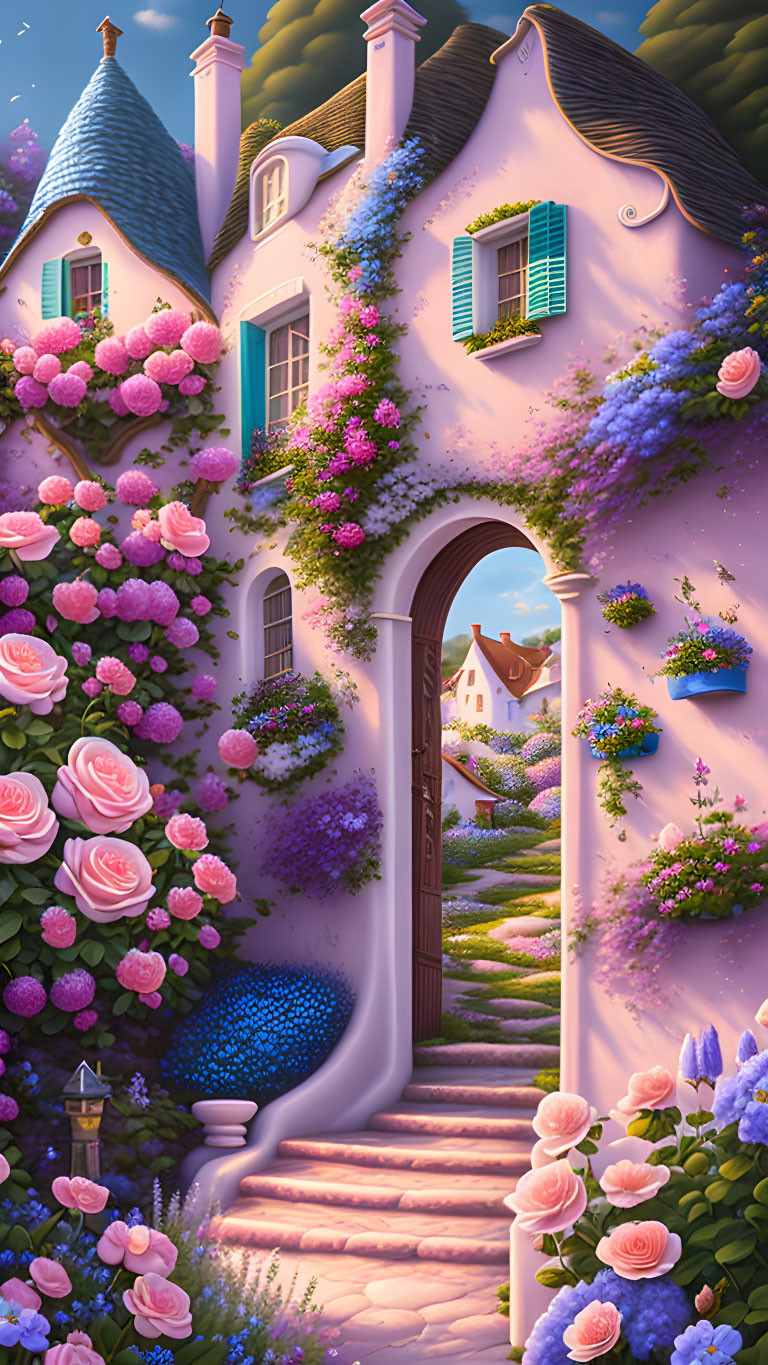 Whimsical fairytale cottage with pink roses and cobblestone path