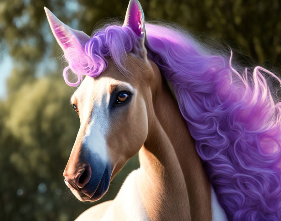 Golden-coated unicorn with purple mane in natural setting