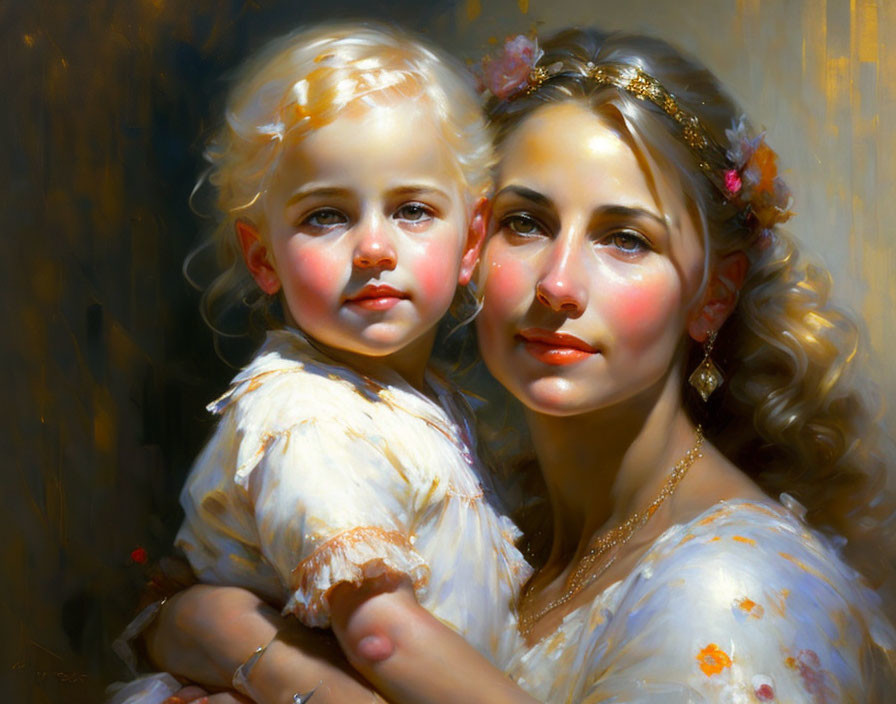 Young woman and child in serene oil painting with pink flowers