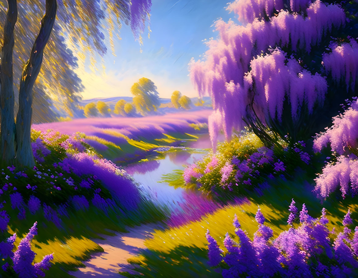 Radiant Purple Flowers in Serene River Landscape