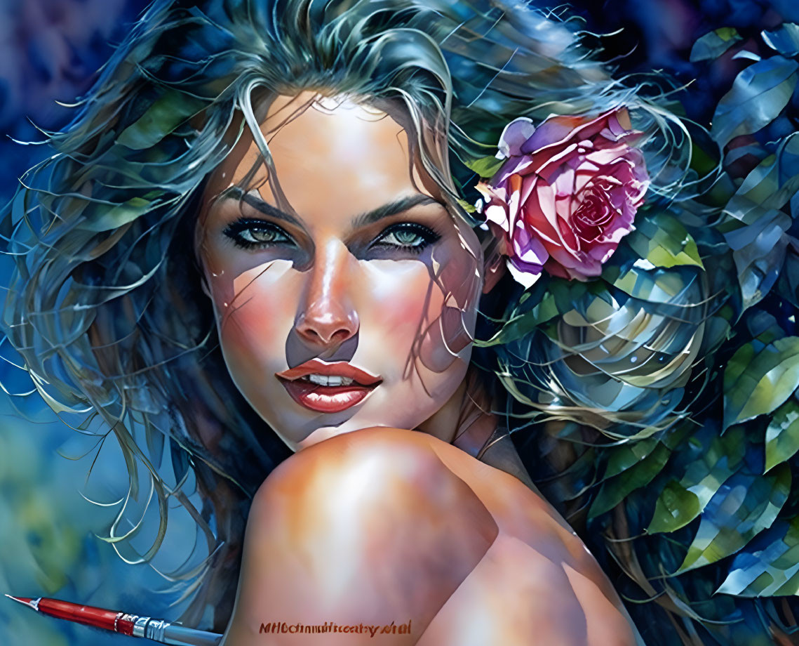 Digital painting of woman with blue eyes and pink rose in tousled hair against leafy backdrop