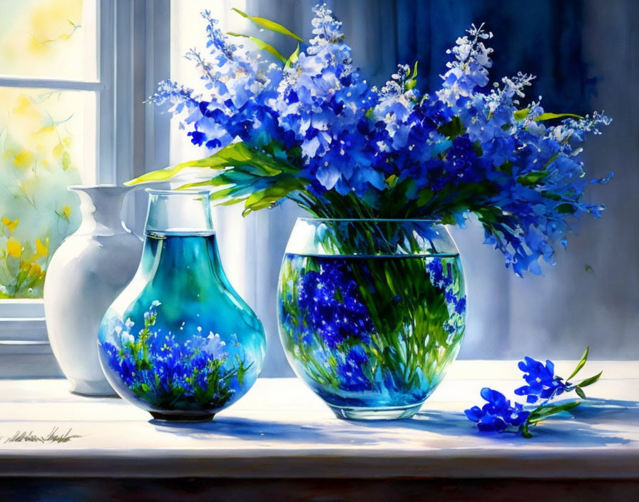 Blue flowers in clear and turquoise vases on sunlit windowsill