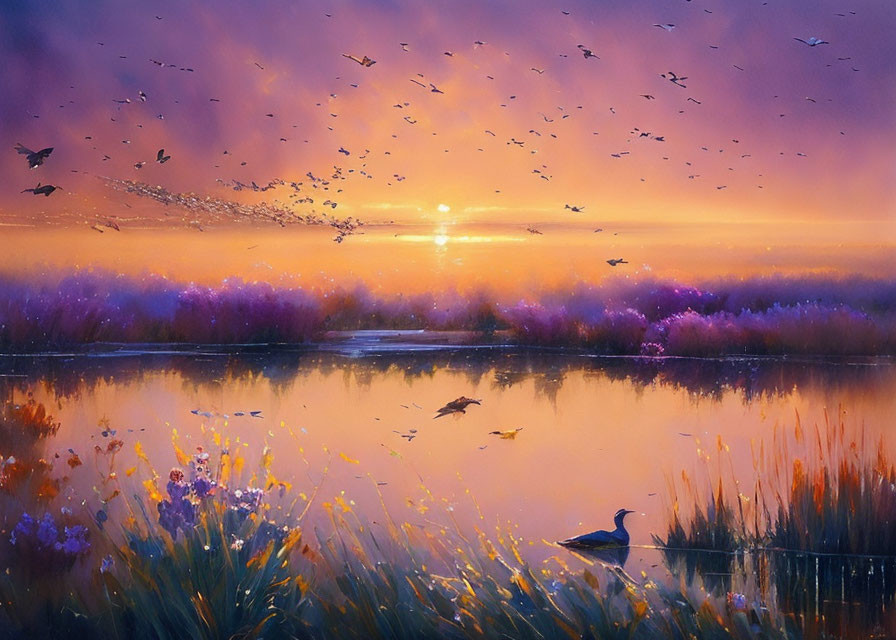 Tranquil sunset landscape with colorful sky, birds, and lake.