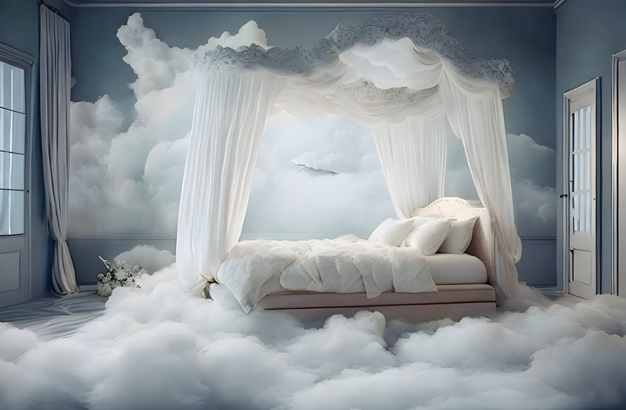 Surreal bedroom with centered bed in cloud-filled room