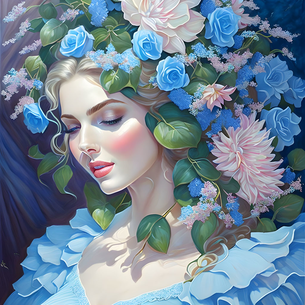 Woman with Flowers in Hair: Blue and Pink Hues, Serene Expression