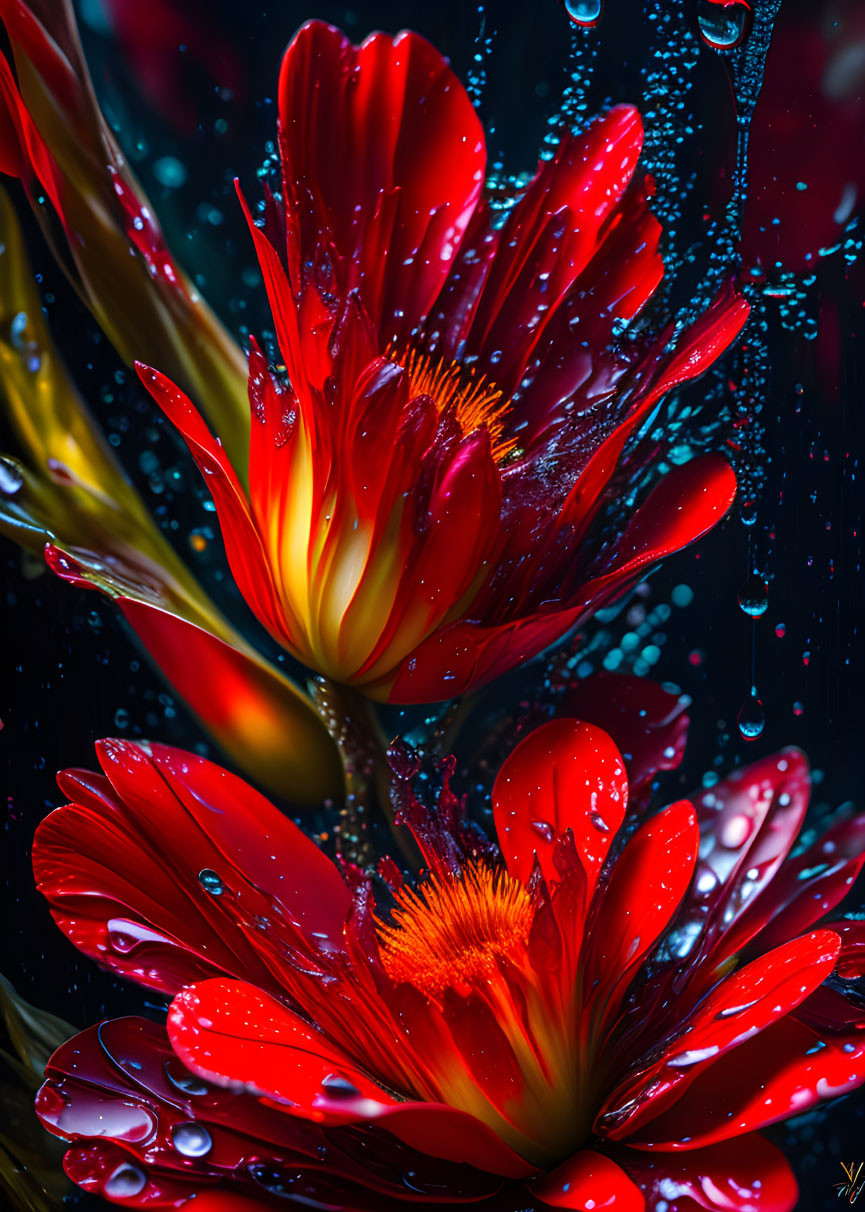 Bright red flowers with water droplets on dark blue backdrop