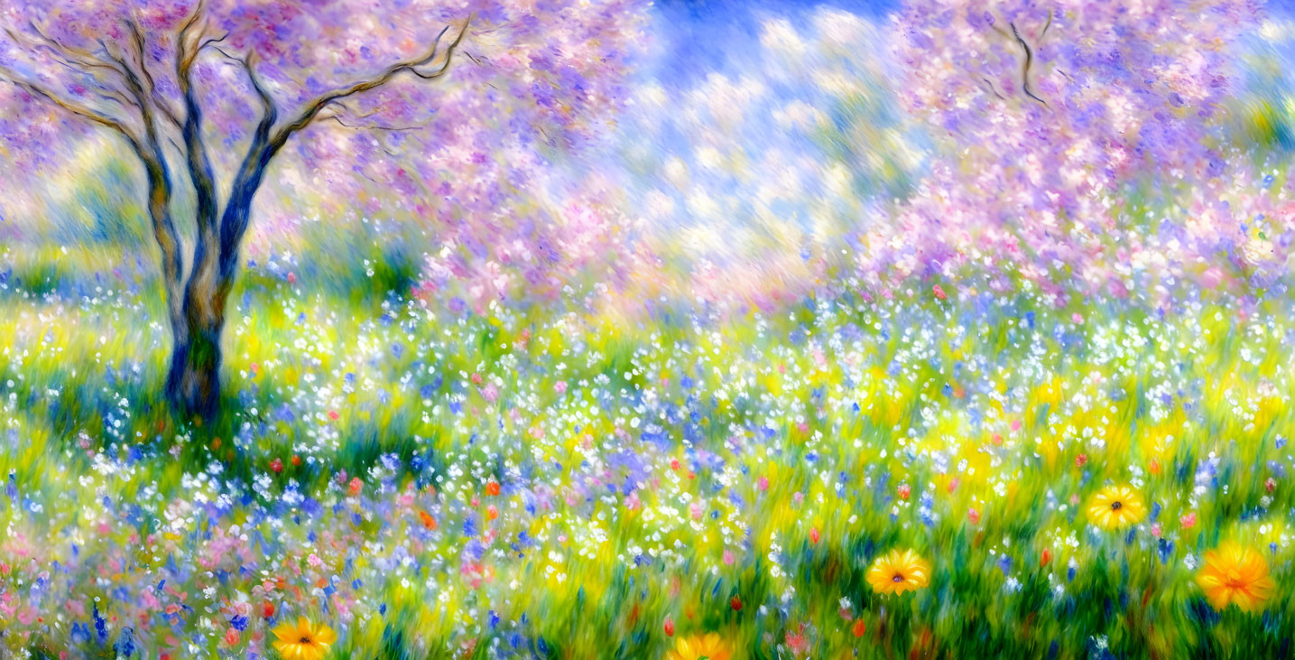 Vibrant wildflower meadow with bare tree and purple blooms