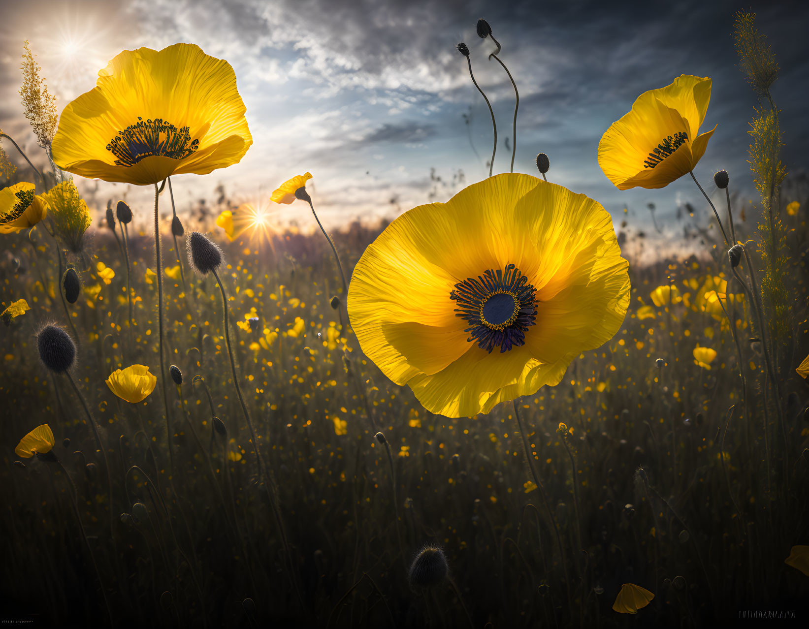 Vibrant yellow poppies in a dramatic sky with sunbeams