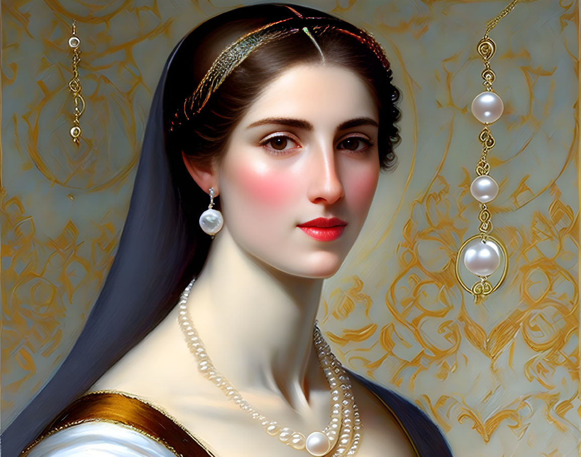 Pearl-Adorned Woman in Gold Detailed Portrait