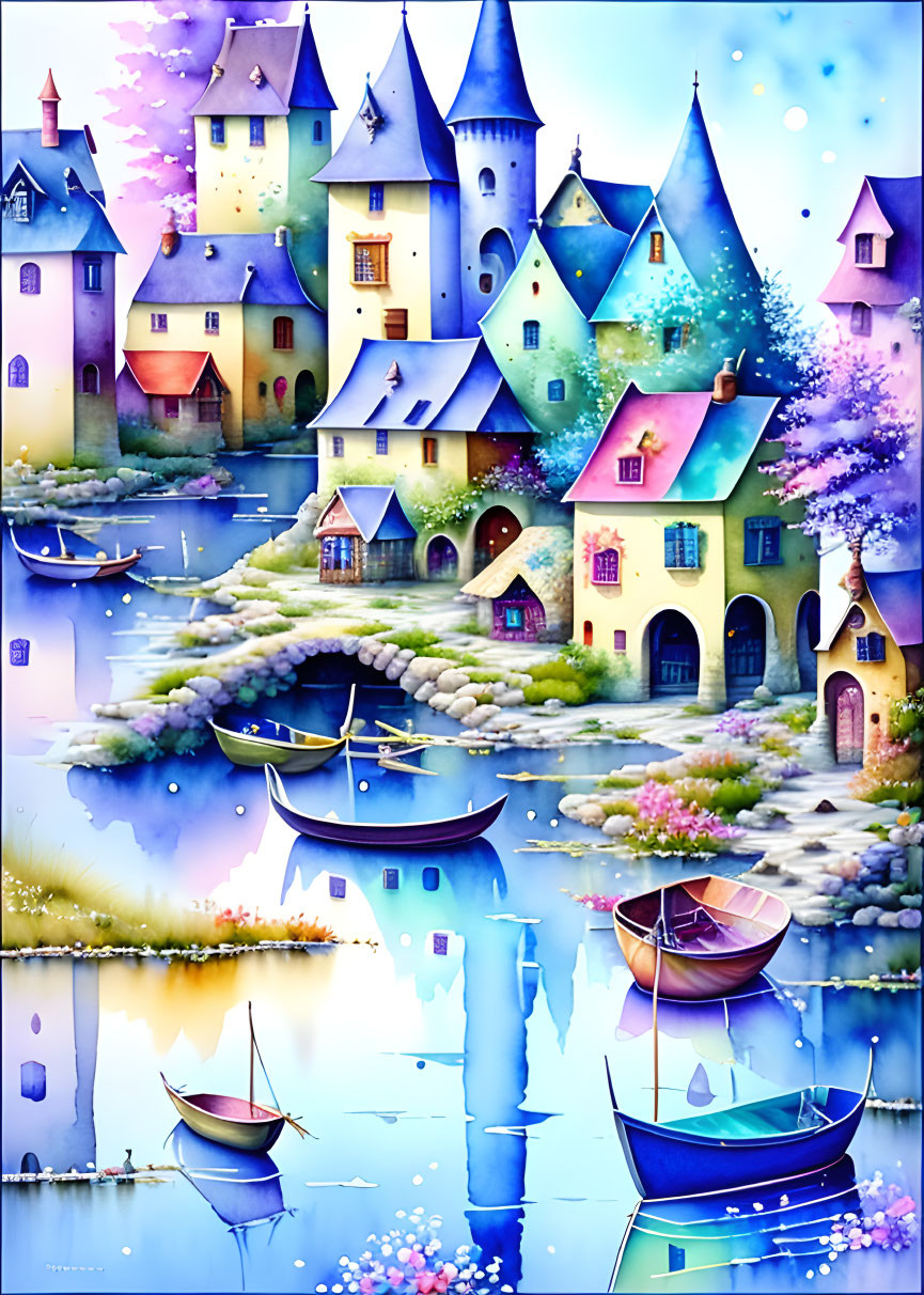 Whimsical fairytale village illustration by river