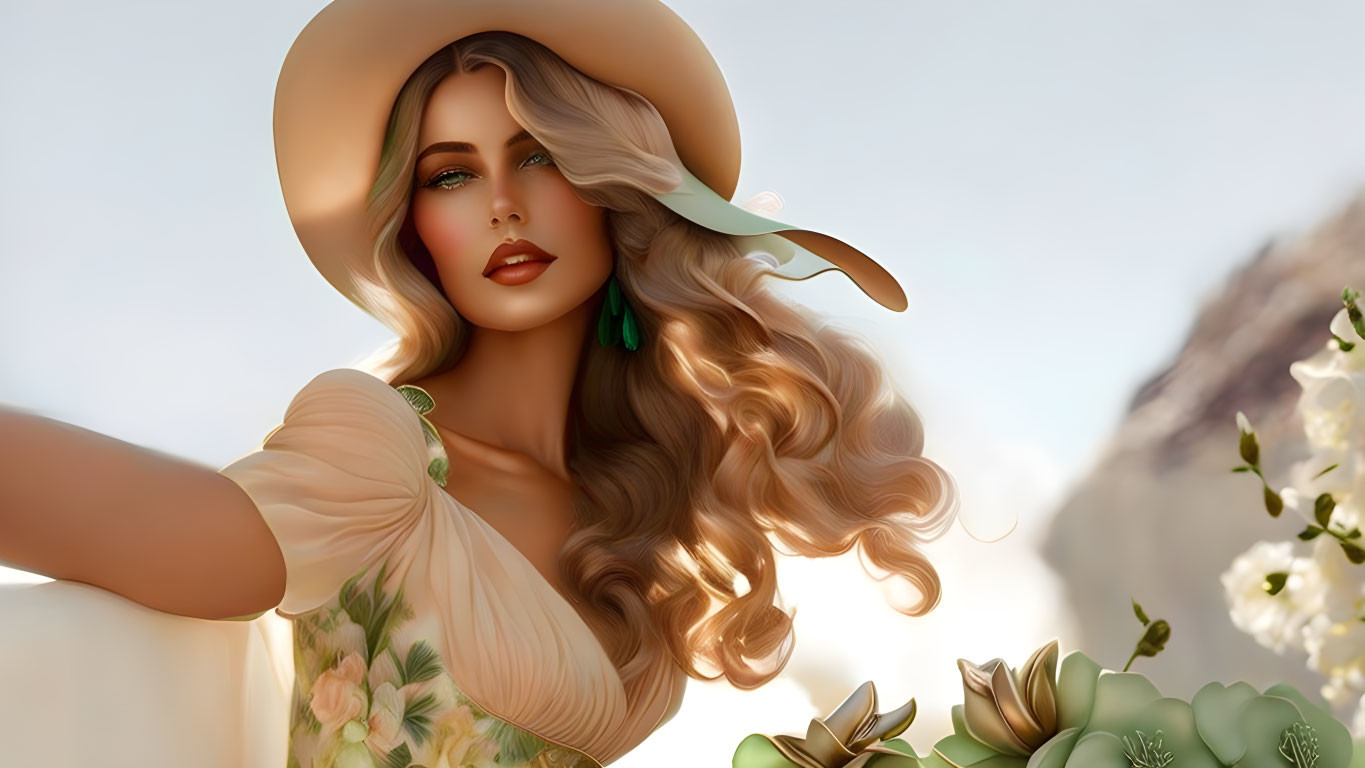 Blonde woman in wide-brimmed hat and floral dress illustration