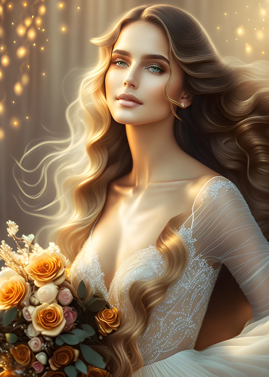 Illustration of woman with flowing hair and bouquet in soft light setting