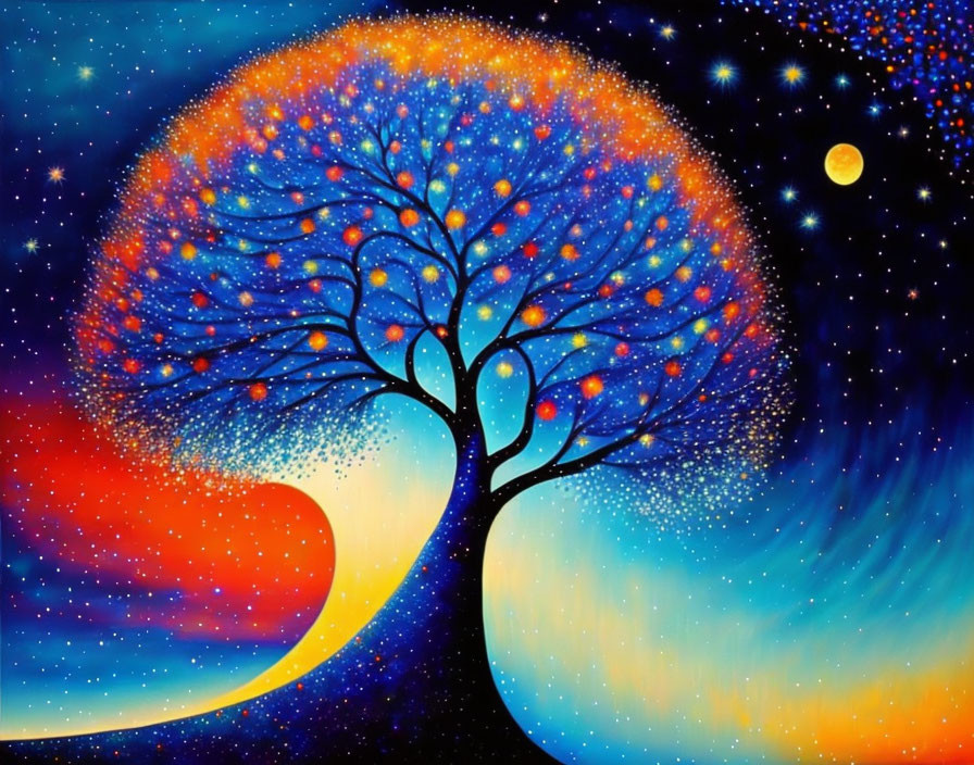 Colorful Tree Painting with Starry Night Sky and Celestial Bodies