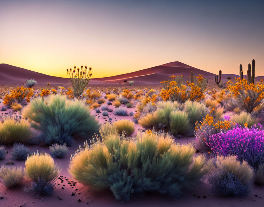 Vibrant desert sunset with purple and yellow wildflowers, cacti, and sand dunes