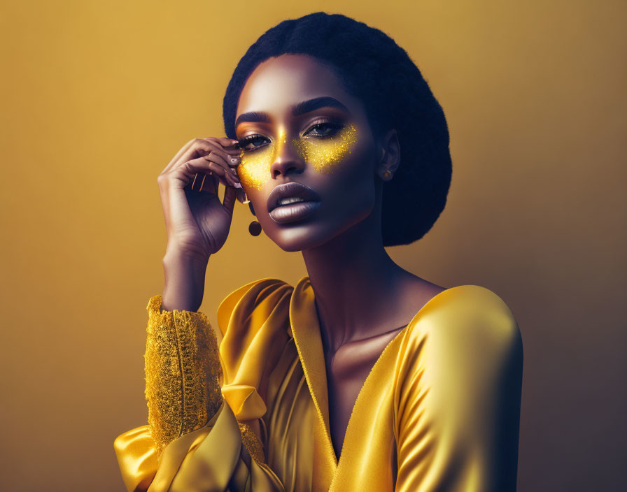 Woman with Glittery Yellow Eyeshadow in Yellow Top on Golden Background