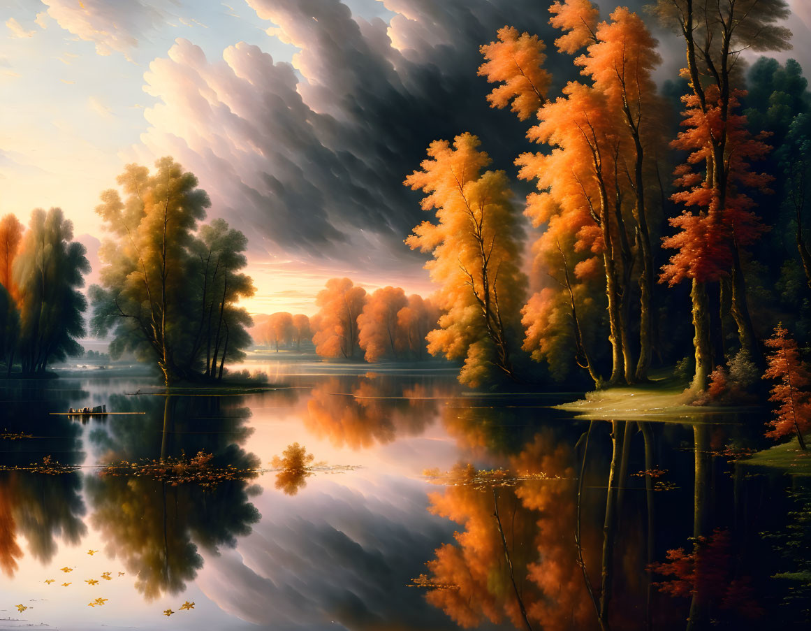 Vibrant autumn landscape: orange and yellow foliage, reflective lake, dark clouds