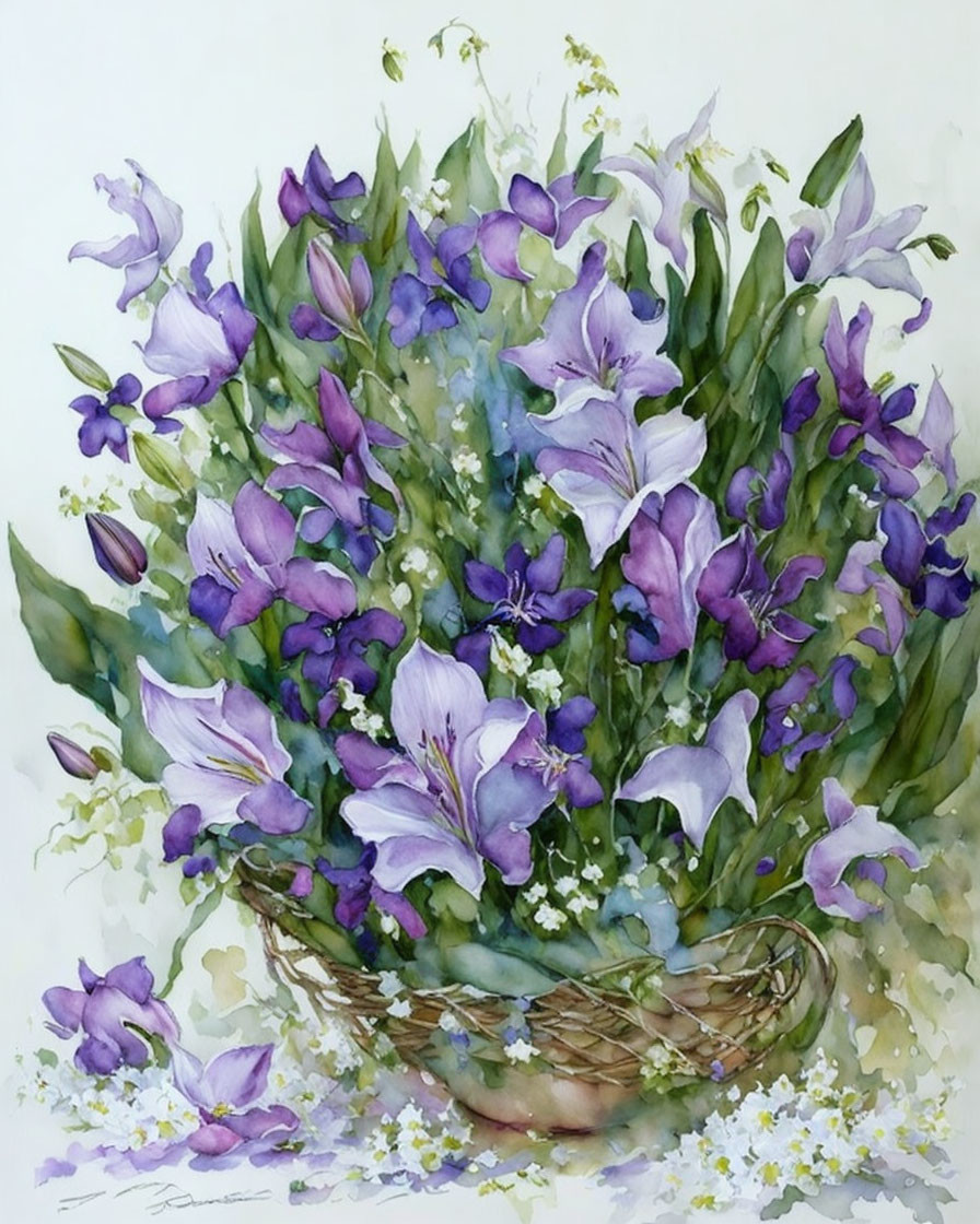 Vibrant watercolor painting of wicker basket with purple and white flowers