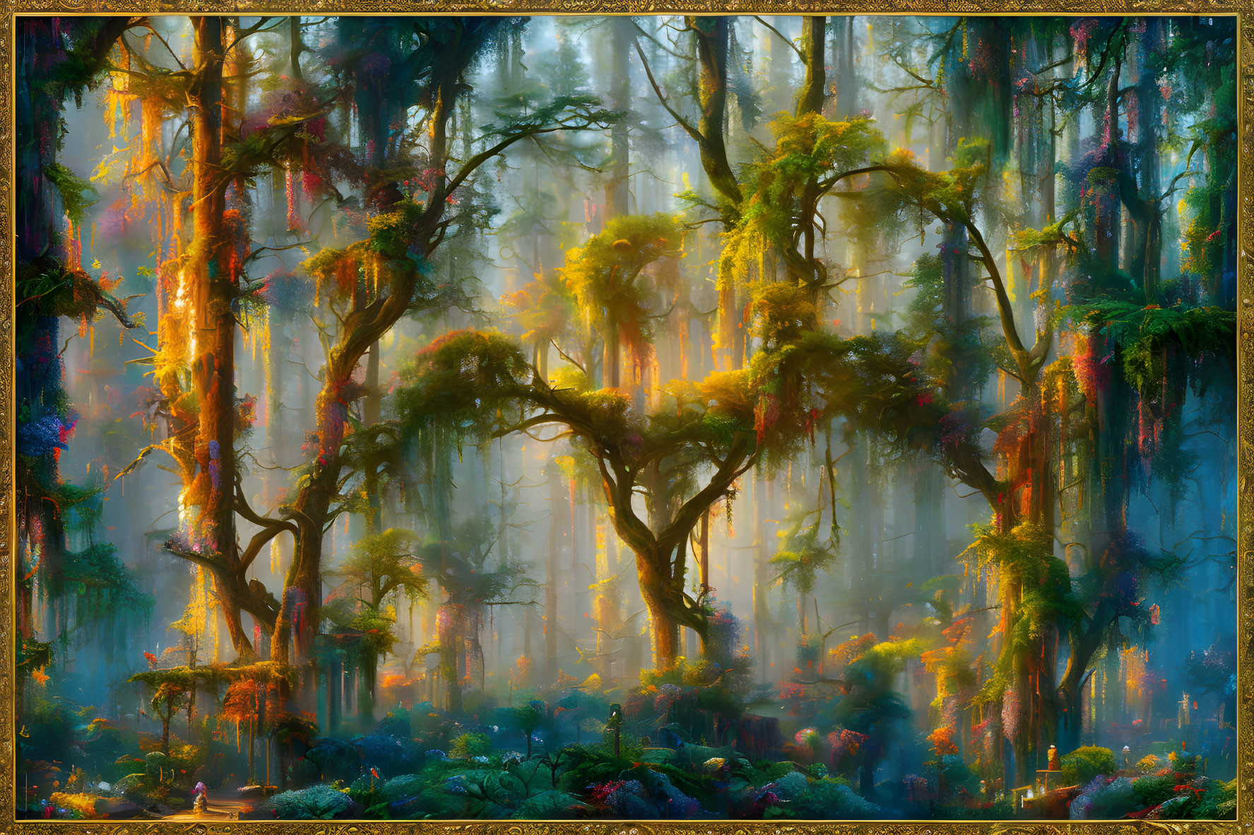 Majestic forest scene with sunlit mist and vibrant foliage