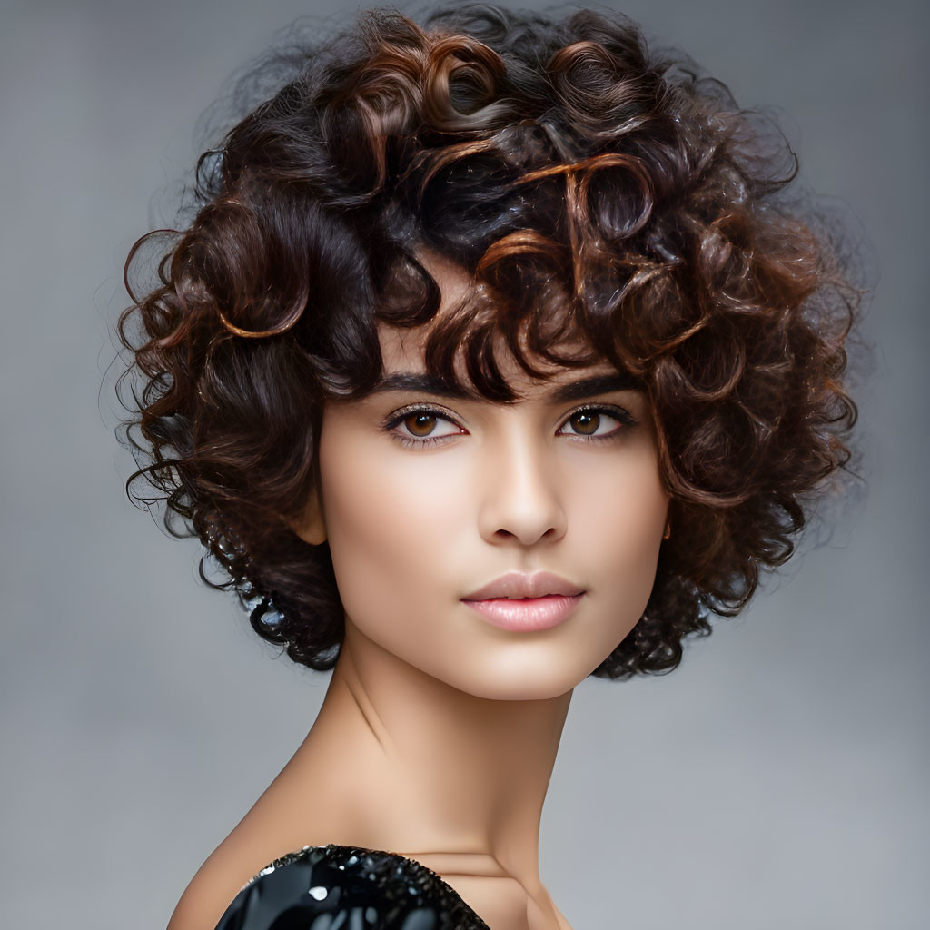 Portrait of person with voluminous, curly hair and light makeup