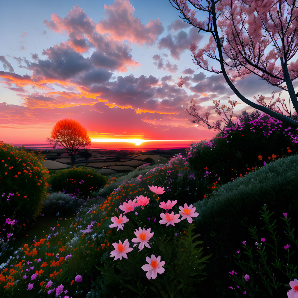 Colorful sunset over lush field with pink clouds and silhouette of tree