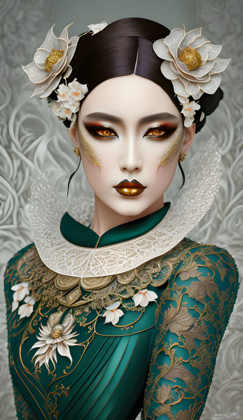 Illustrated woman in intricate golden and green outfit with floral hair accessories.