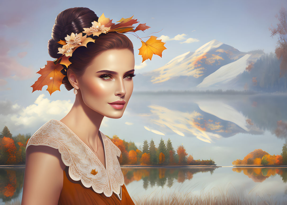 Illustrated woman with autumn leaves updo by serene lake & mountain landscape