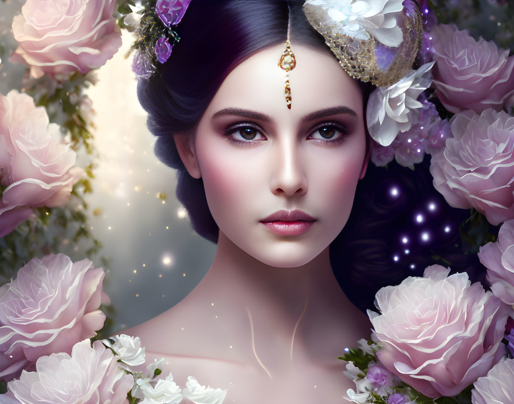 Fantastical portrait of a serene woman with floral crown and jewels surrounded by pink roses