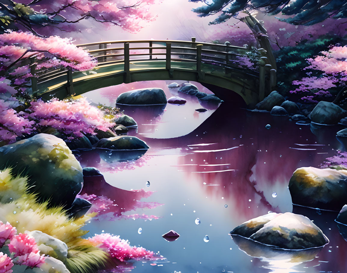 Tranquil river scene with wooden bridge and cherry blossoms