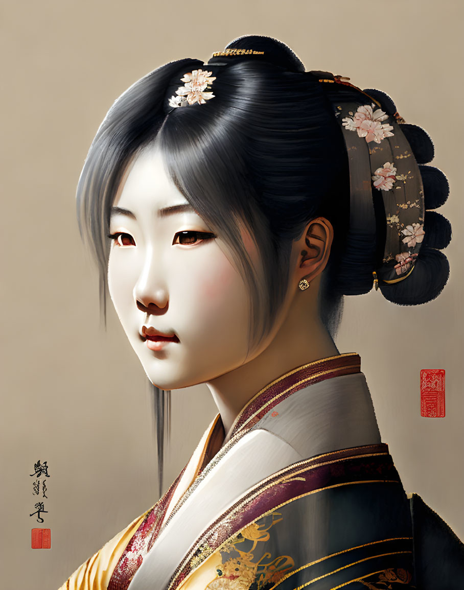 Detailed digital portrait of woman in traditional Japanese attire