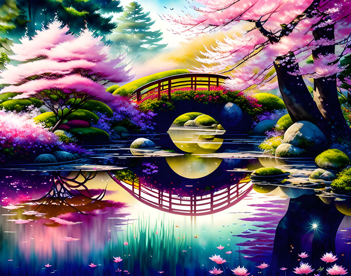 Digital artwork: Idyllic Japanese garden with cherry blossoms and red bridge