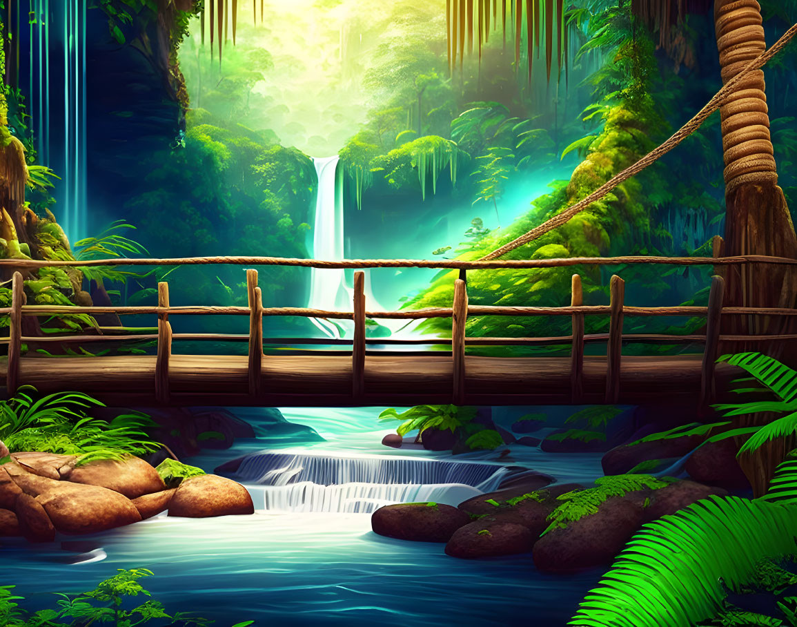 Lush jungle scene with wooden bridge and waterfall in sunlight