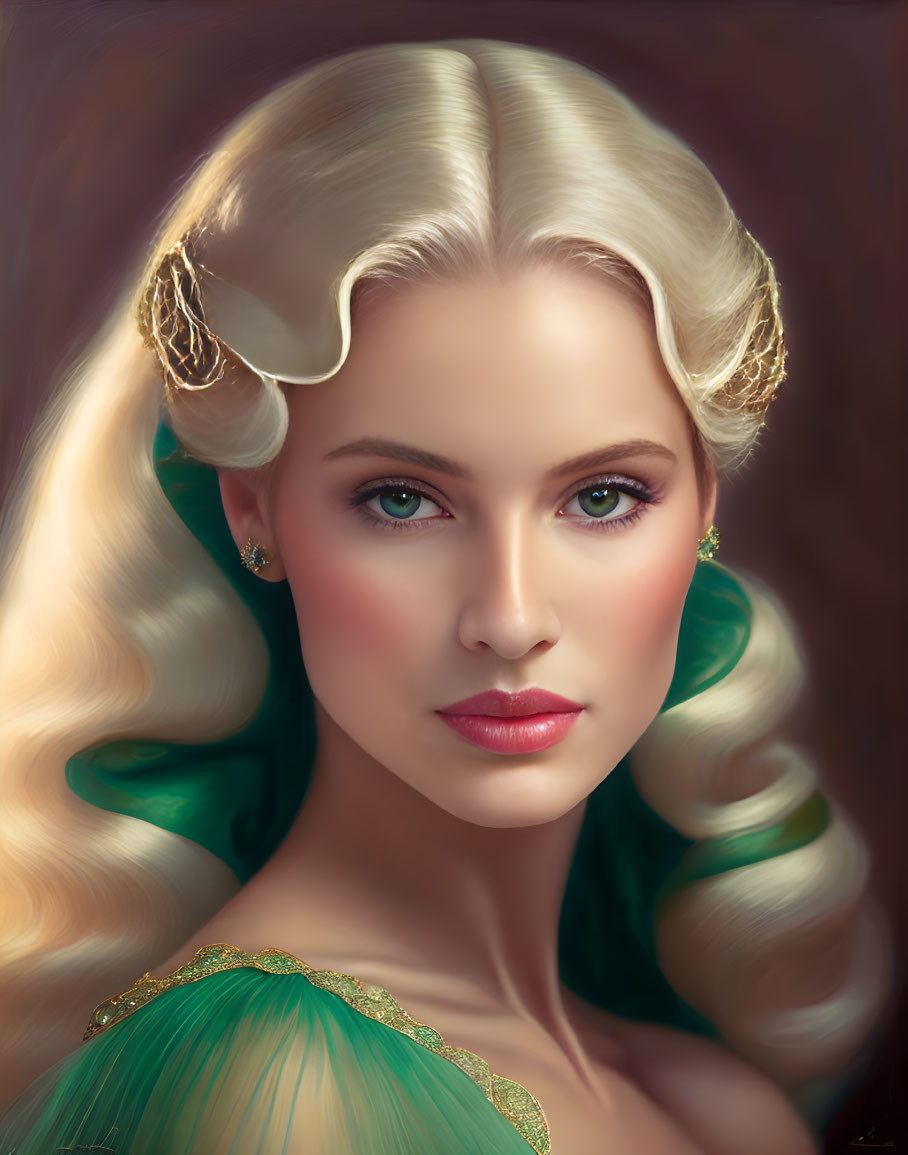 Blonde Curly-Haired Woman in Green Dress with Striking Green Eyes