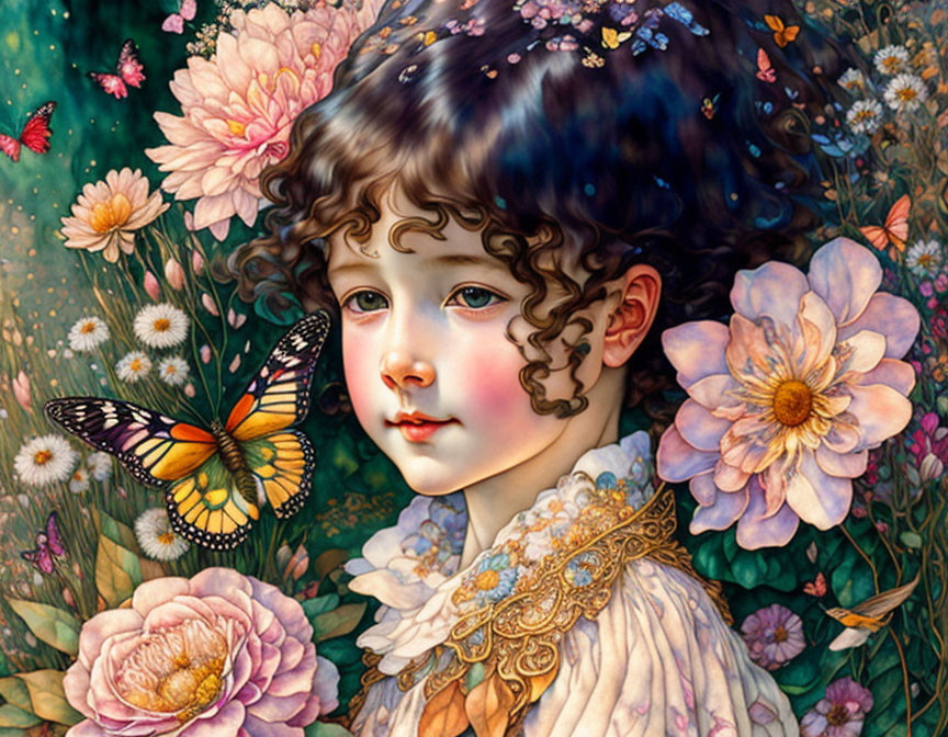 Young child with curly hair among vibrant flowers and butterfly.