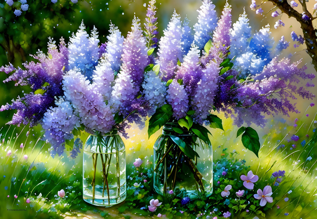 Vibrant lilac bouquets in glass jars among greenery and purple wildflowers