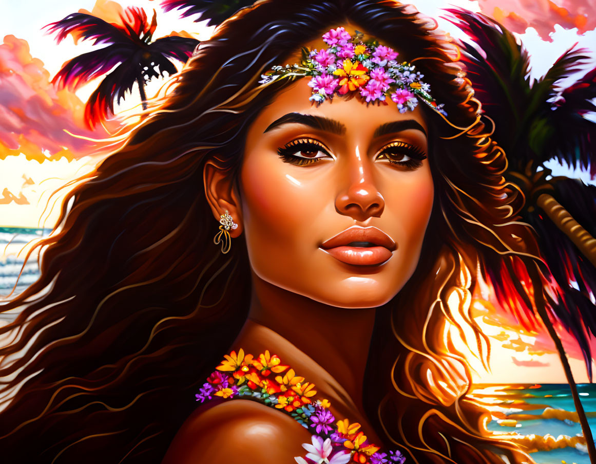 Colorful portrait of a woman with floral headpiece and beach sunset backdrop