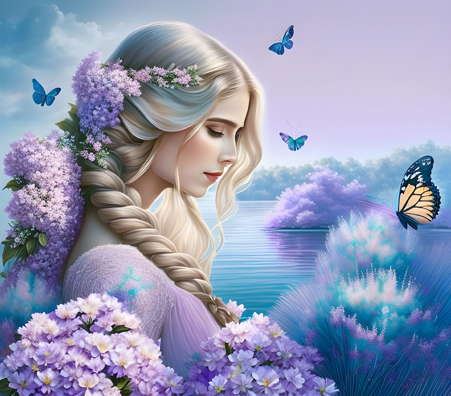 Woman with Braided Hair and Butterflies by the Lakeside