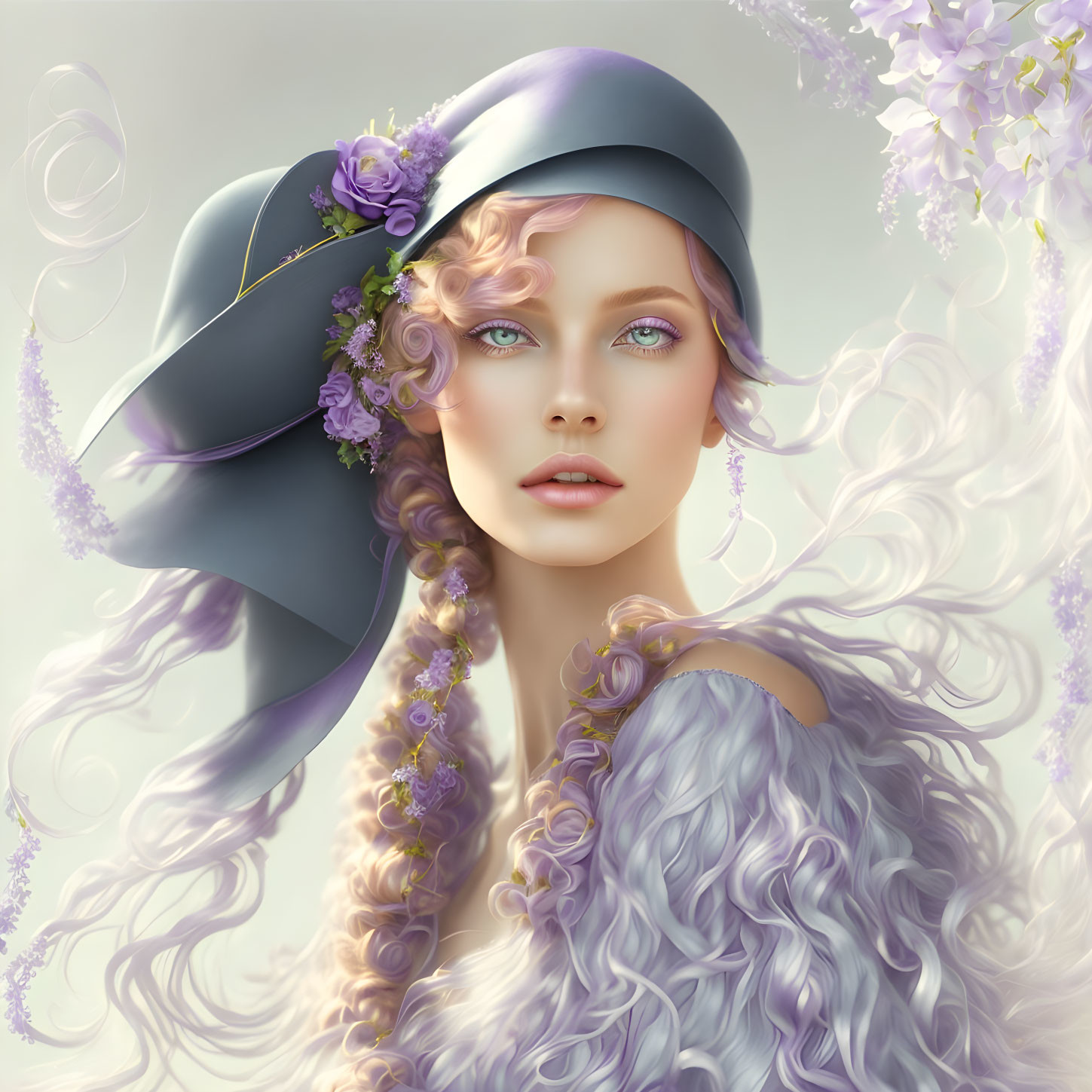 Digital portrait of woman with wavy hair in purple hat and floral earrings on soft background