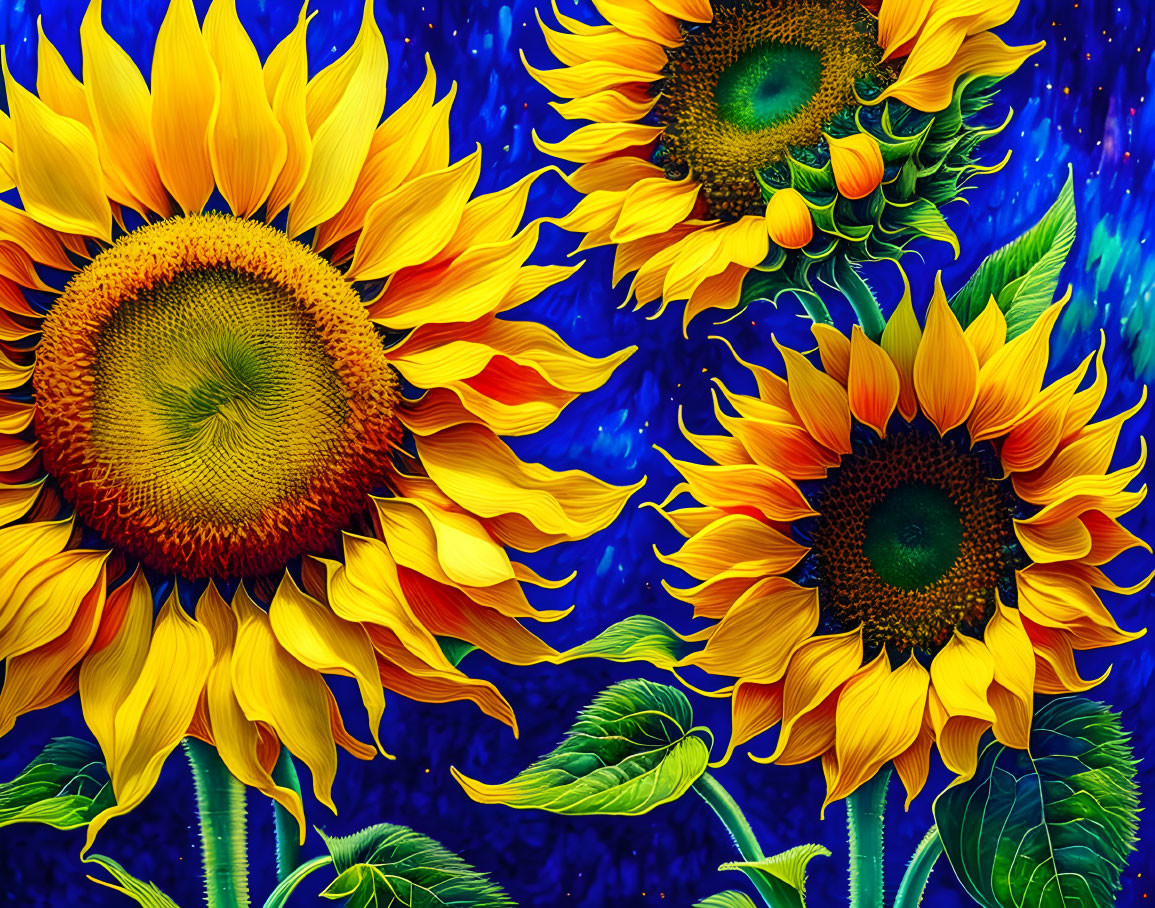 Colorful digital artwork featuring sunflowers on a blue starry backdrop