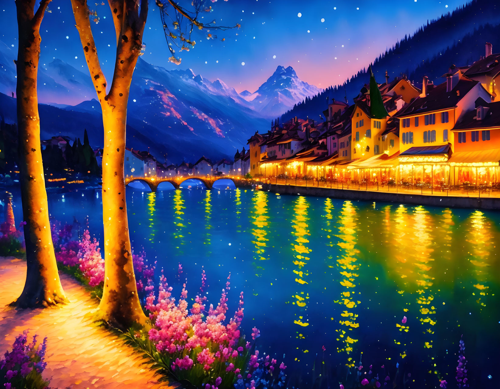 Picturesque town by reflective lake at twilight with illuminated buildings, starry sky, mountains.