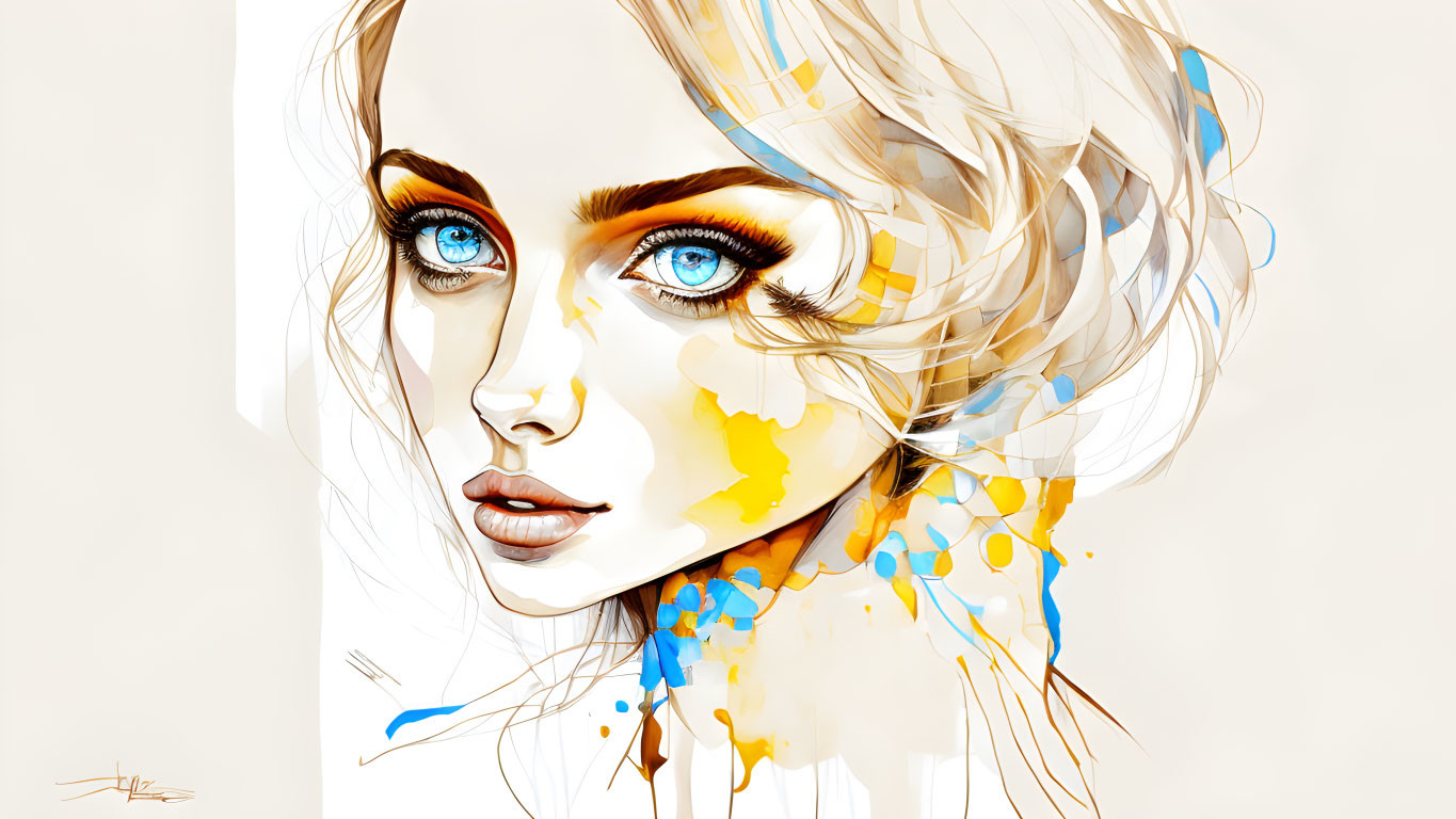 Colorful digital artwork: Woman with blue eyes and blonde hair