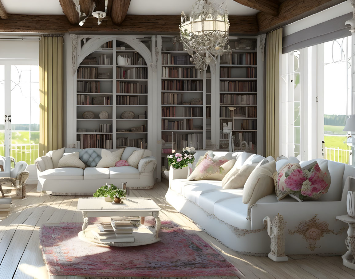 Warm Living Room with Plush Sofas, Bookcase, Wooden Beams, and Large Window