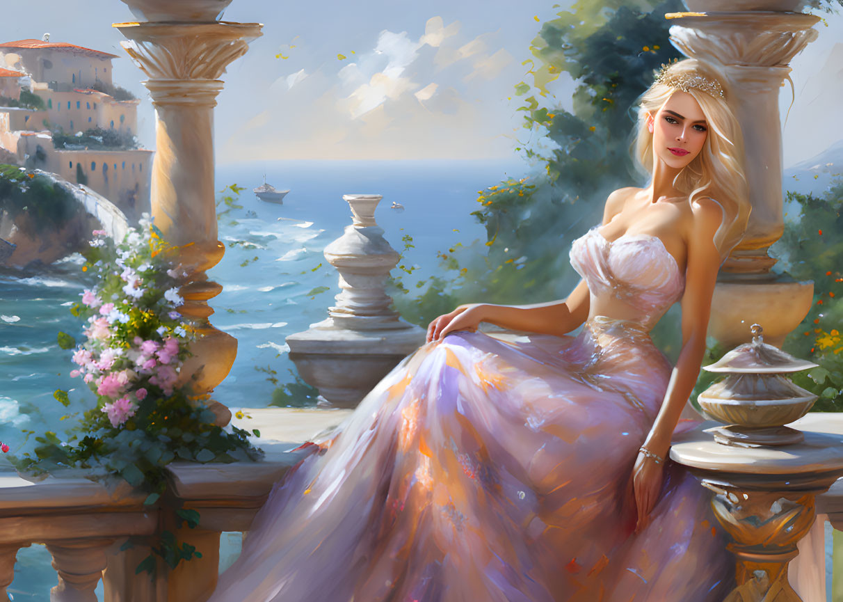 Woman in elegant gown on balcony with coastal view and flowers