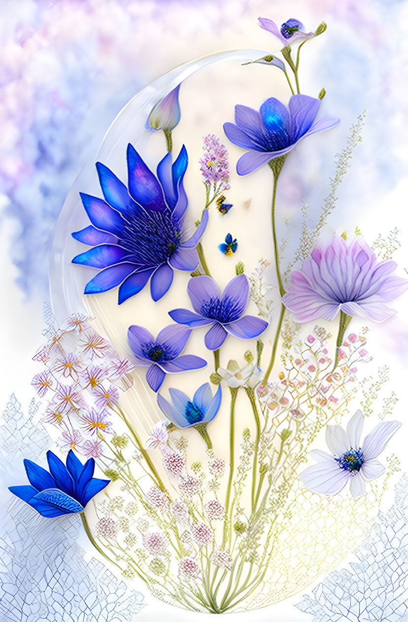 Blue and Purple Flowers with Intricate Patterns on Light Blue Background